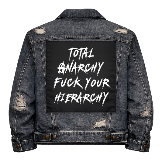 Black fabric back patch sew onto a denim jacket with the design "Total Anarchy"