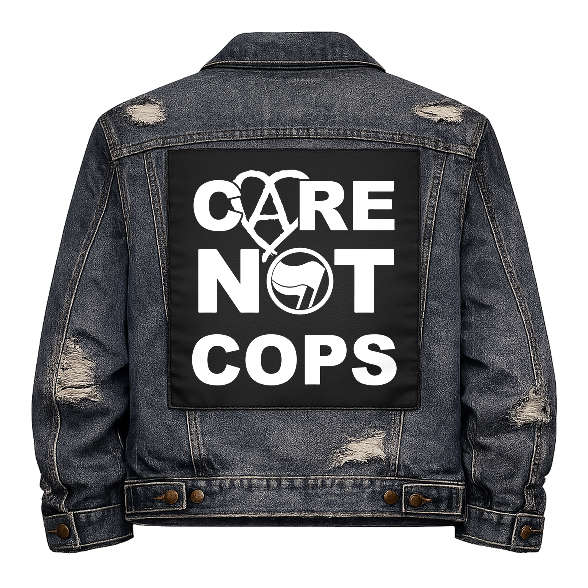 Black fabric back patch sew onto a denim jacket with the design "Care Not Cops"