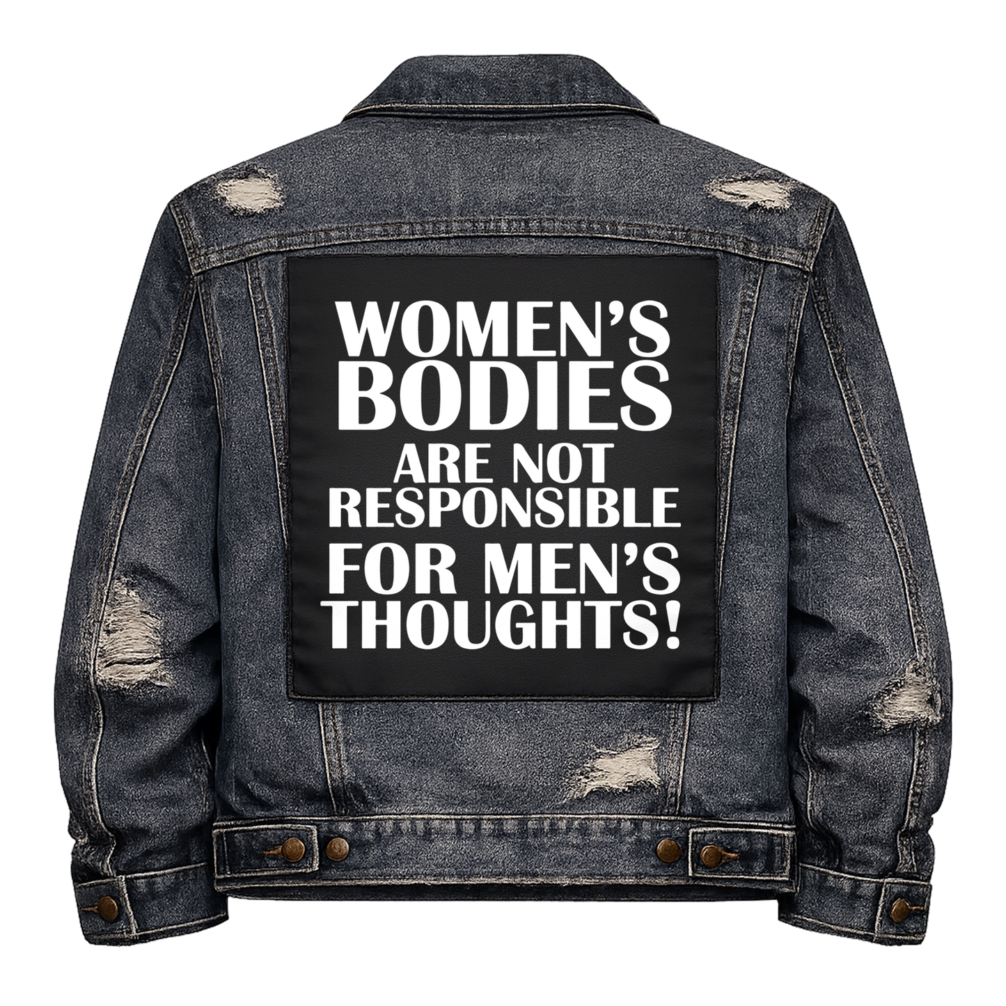 Black fabric back patch sew onto a denim jacket with the design "Men's Thoughts"