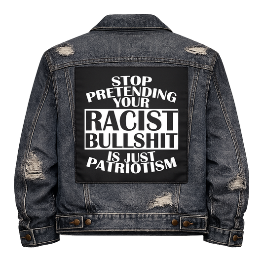 Black fabric back patch sew onto a denim jacket with the design "Patriotism"