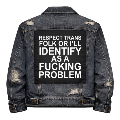 Black fabric back patch sew onto a denim jacket with the design "Identify"