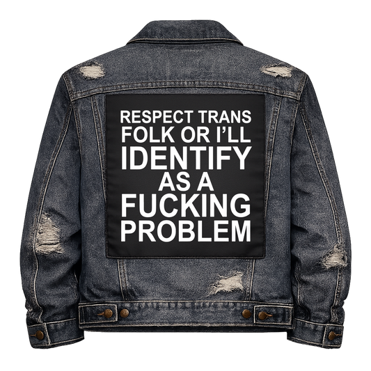 Black fabric back patch sew onto a denim jacket with the design "Identify"