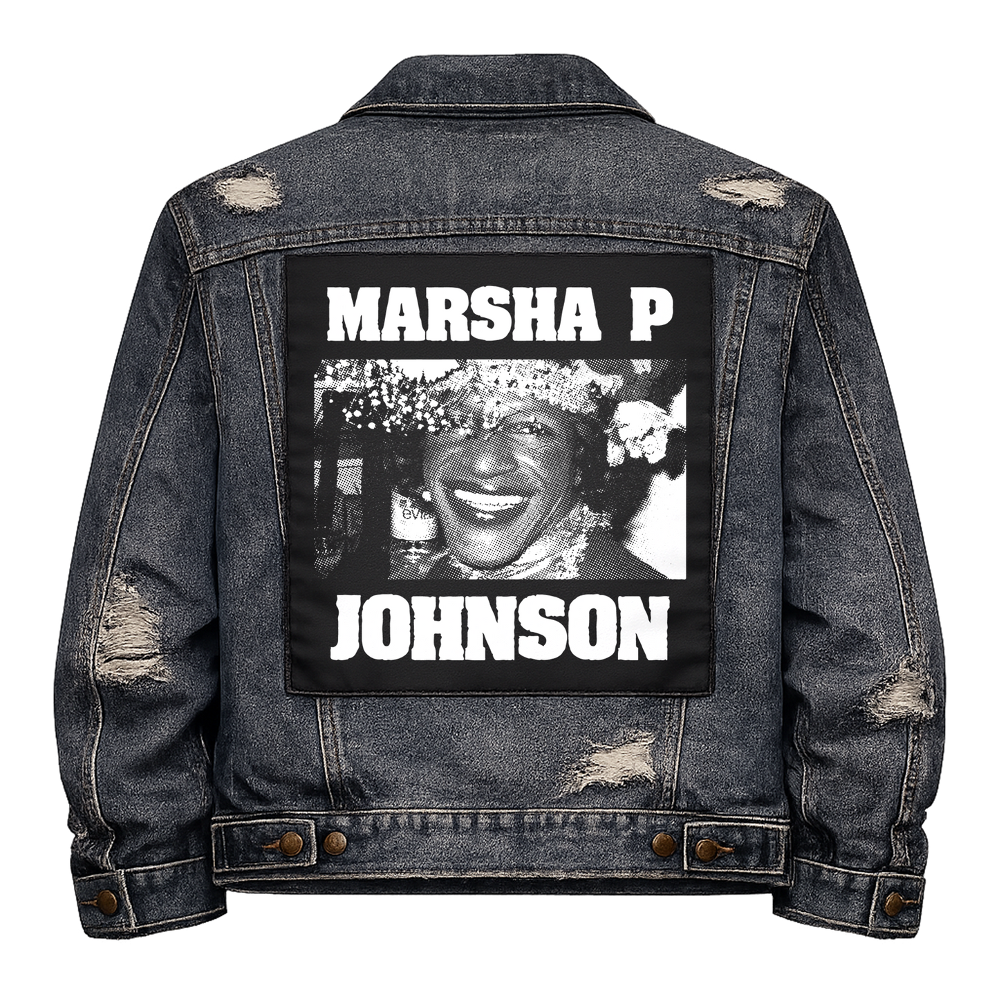 Black fabric back patch sew onto a denim jacket with the design "Marsha P Johnson"