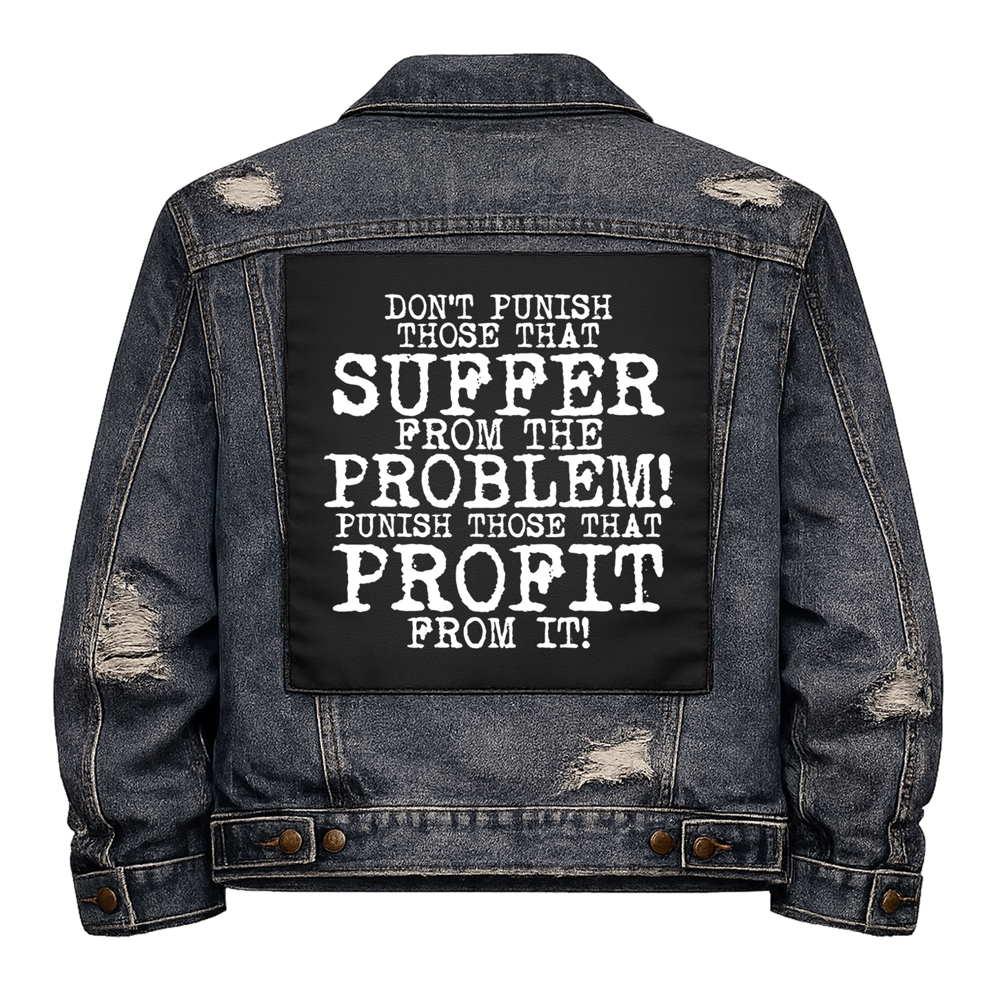 Black fabric back patch sew onto a denim jacket with the design "Suffer and Profit"