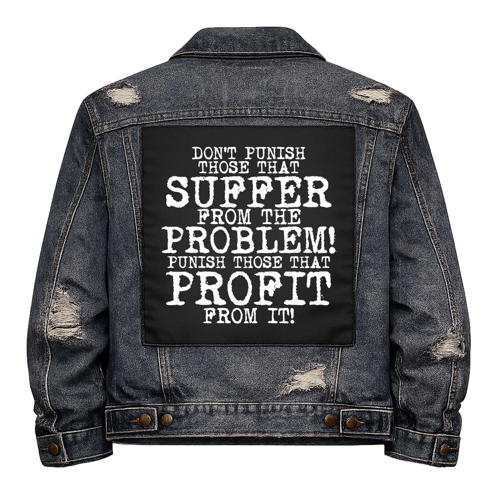 Black fabric back patch sew onto a denim jacket with the design "Suffer and Profit"