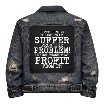 Black fabric back patch sew onto a denim jacket with the design "Suffer and Profit"