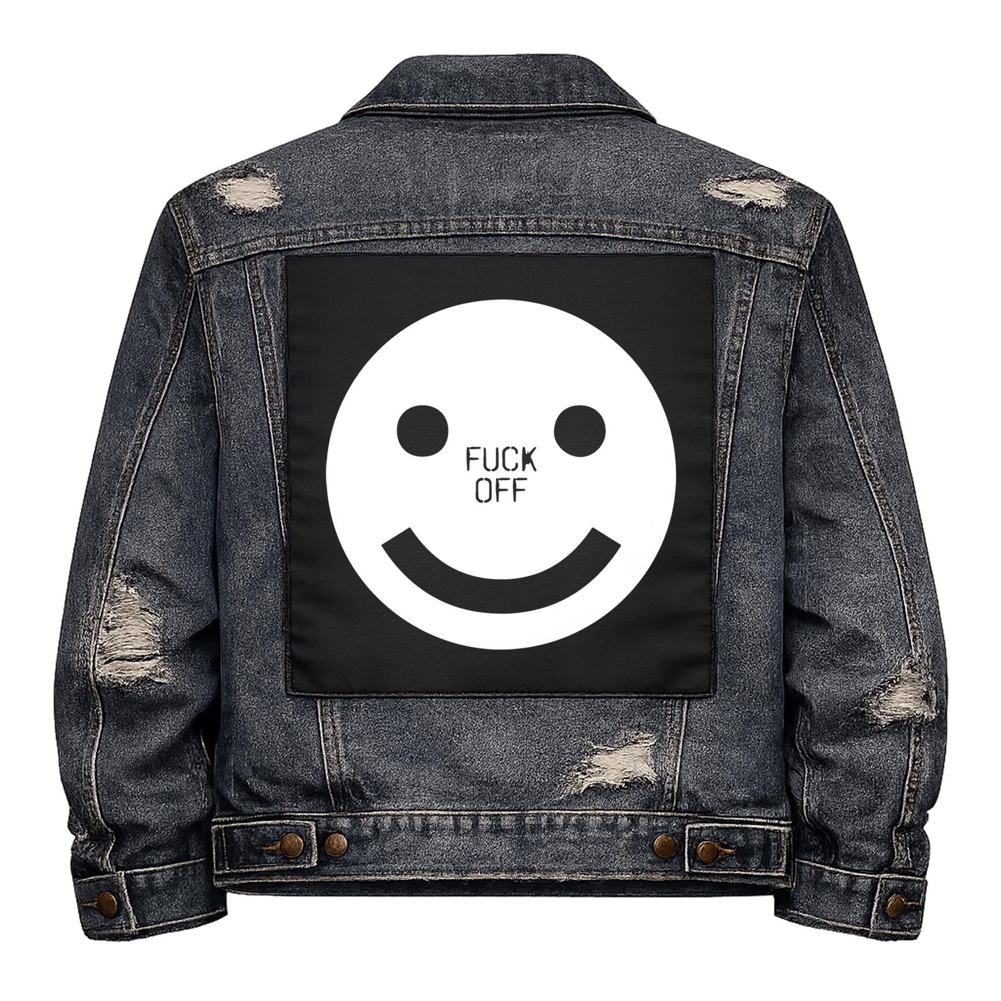 Black fabric back patch sew onto a denim jacket with the design "Fuck Off Smiley"