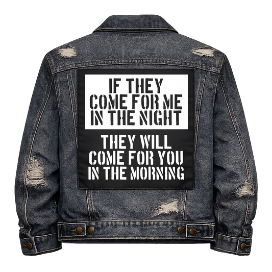 Black fabric back patch sew onto a denim jacket with the design "Night and Morning"