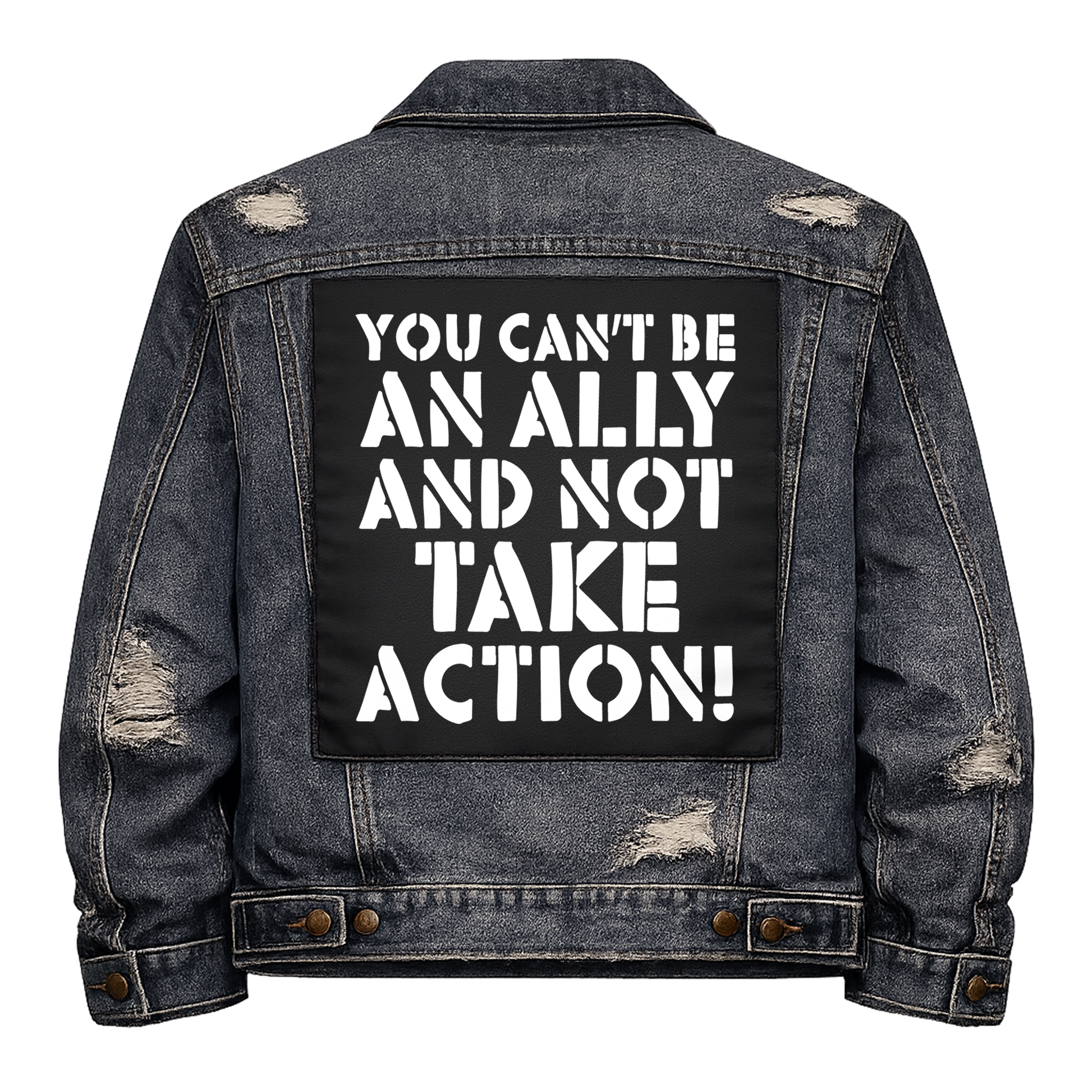 Black fabric back patch sew onto a denim jacket with the design "Ally"
