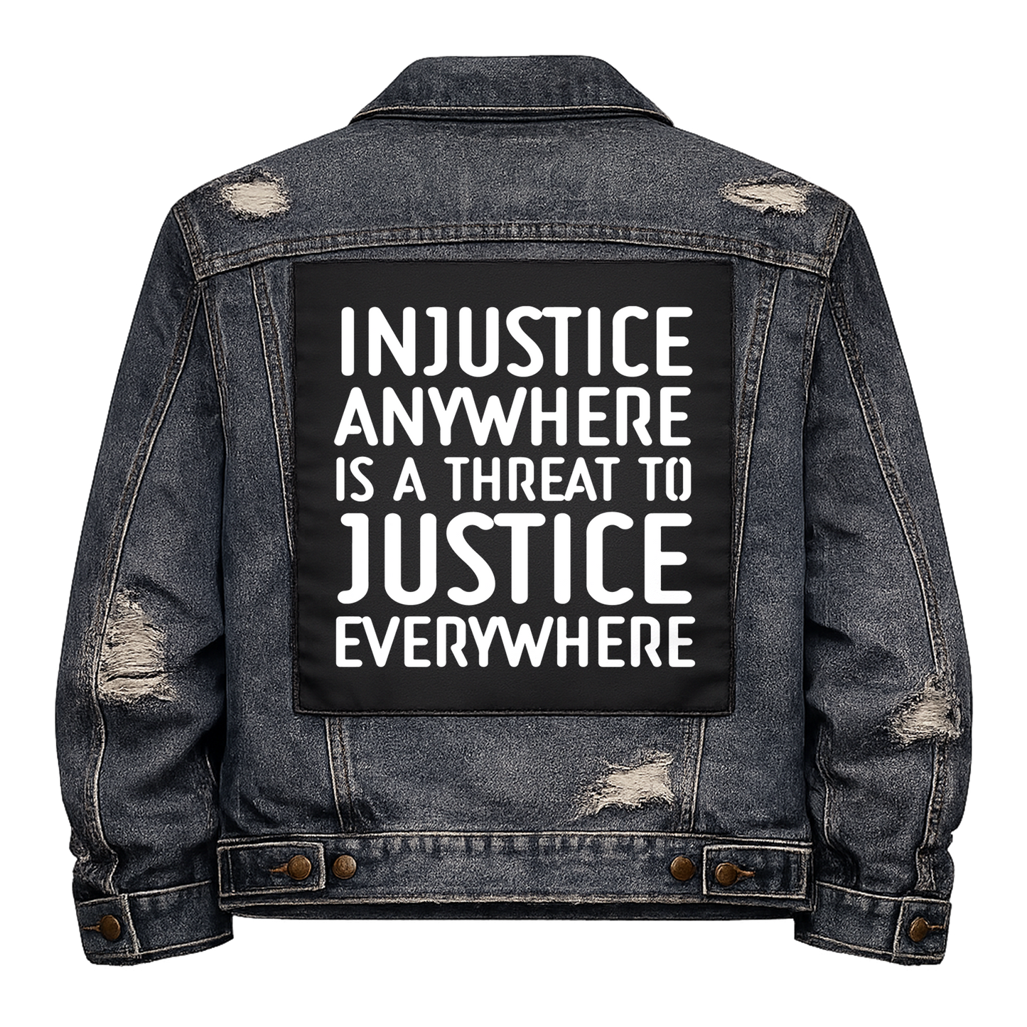 Black fabric back patch sew onto a denim jacket with the design "Injustice"