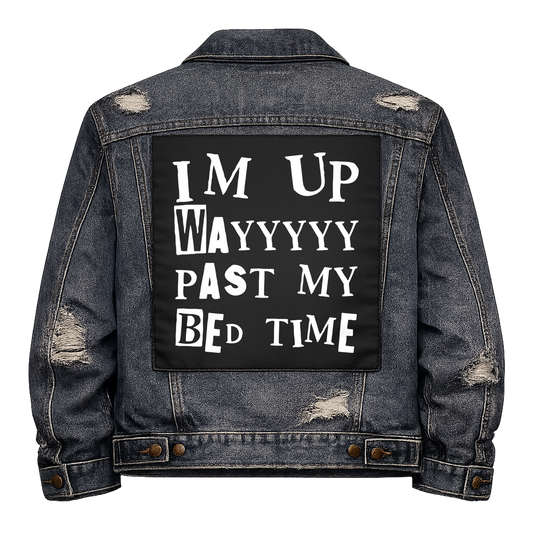 Black fabric back patch sew onto a denim jacket with the design "Bed Time"