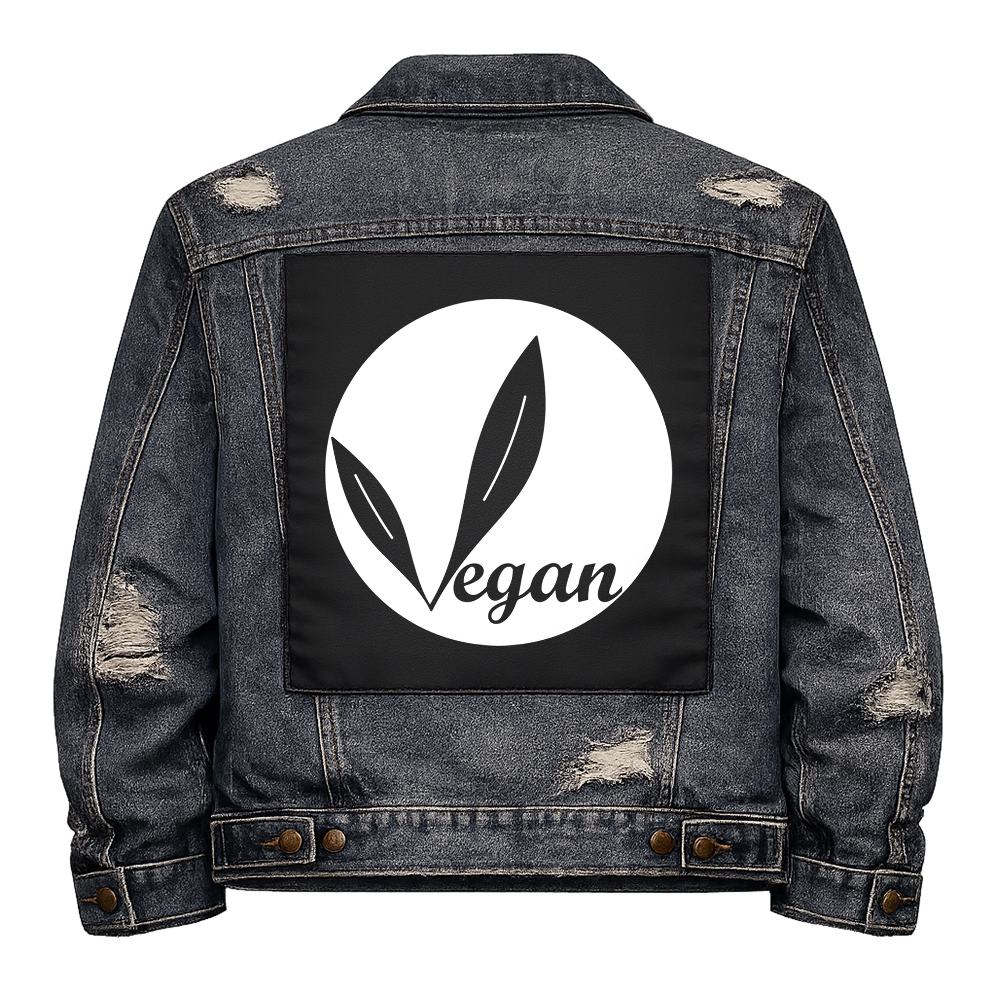 Black fabric back patch sew onto a denim jacket with the design "Vegan"