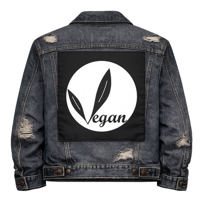 Black fabric back patch sew onto a denim jacket with the design "Vegan"