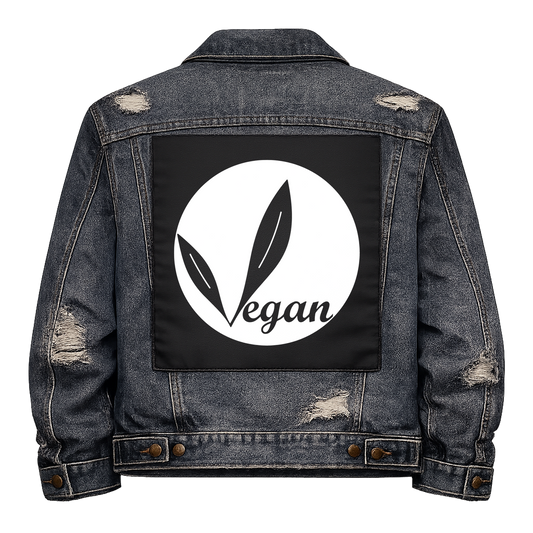 Black fabric back patch sew onto a denim jacket with the design "Vegan"