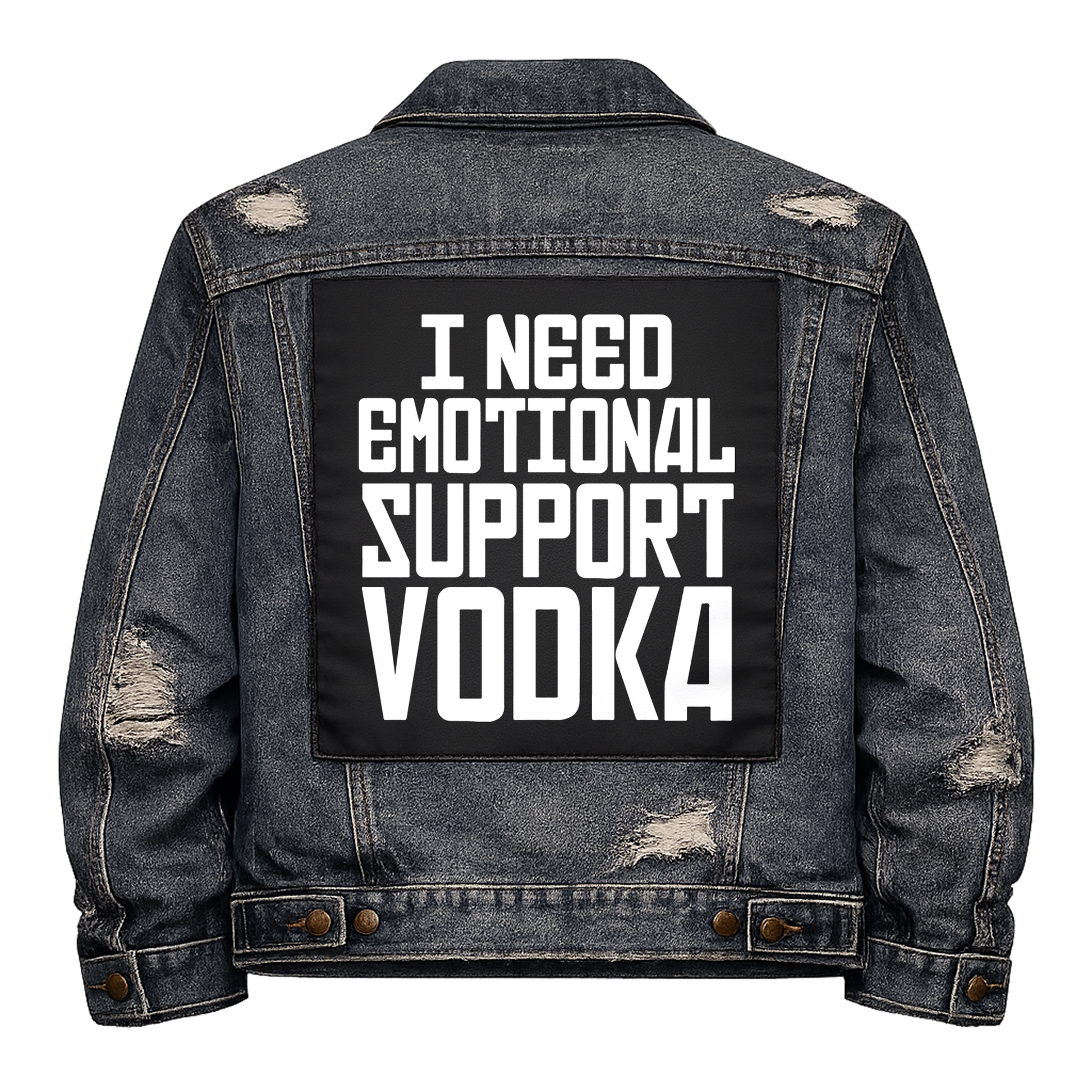Black fabric back patch sew onto a denim jacket with the design "Support Vodka"