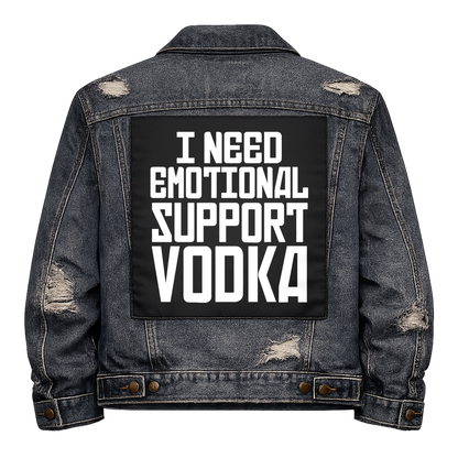 Black fabric back patch sew onto a denim jacket with the design "Support Vodka"