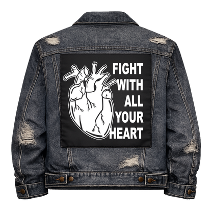Black fabric back patch sew onto a denim jacket with the design "Fight With Heart"