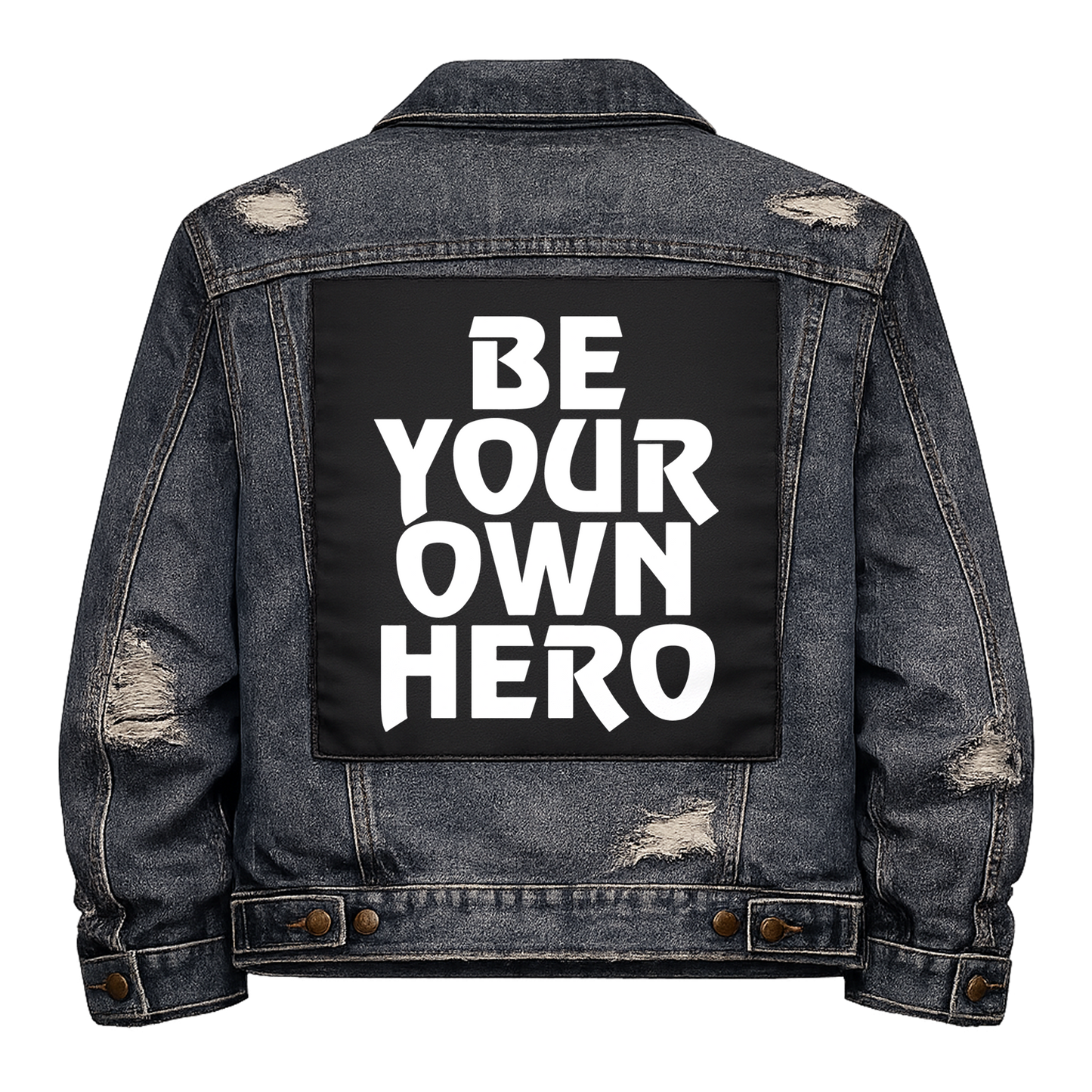 Black fabric back patch sew onto a denim jacket with the design "Your Own Hero"