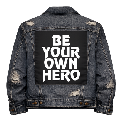 Black fabric back patch sew onto a denim jacket with the design "Your Own Hero"