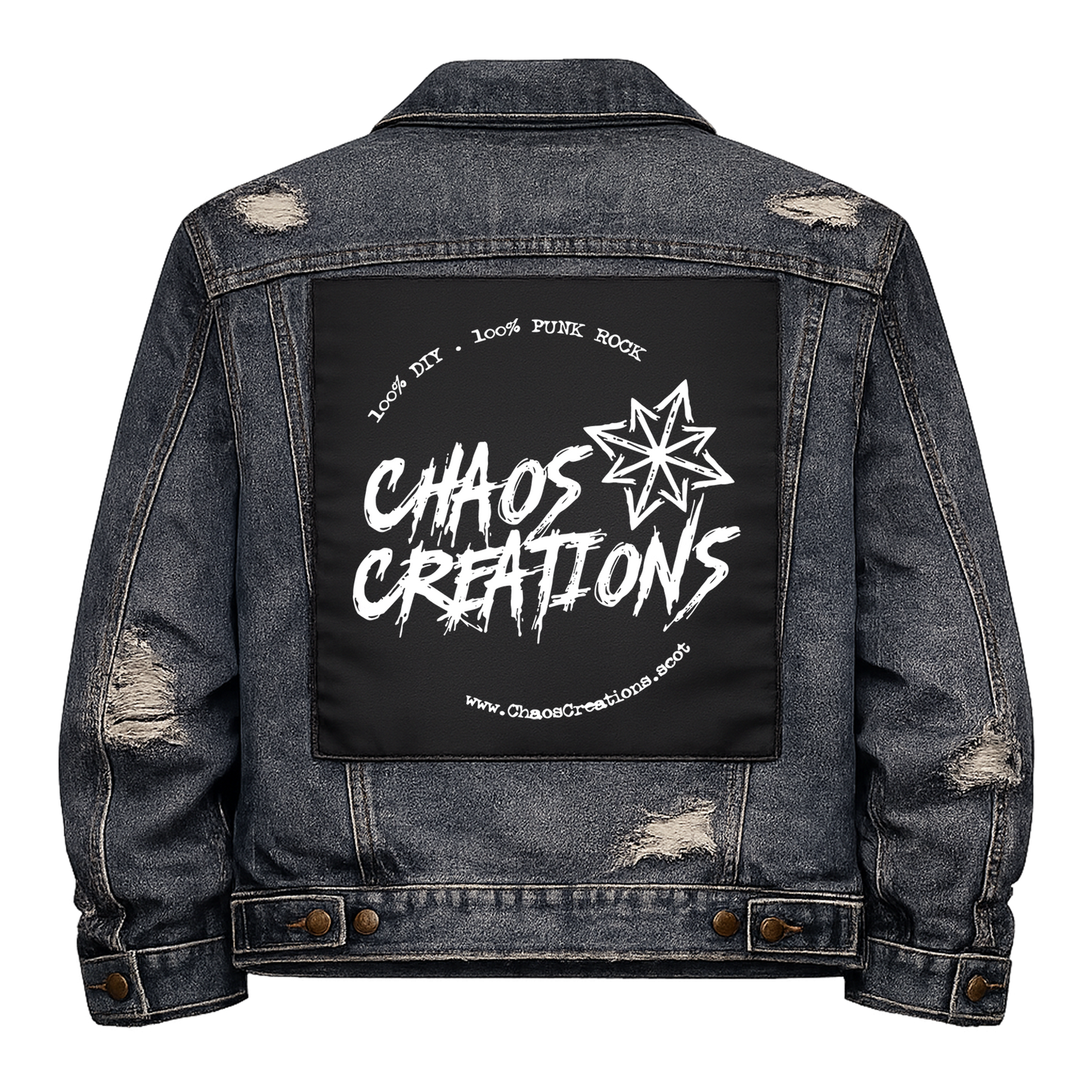 Black fabric back patch sew onto a denim jacket with the design "Chaos Creations"