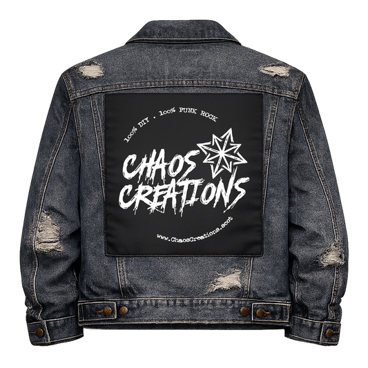 Black fabric back patch sew onto a denim jacket with the design "Chaos Creations"
