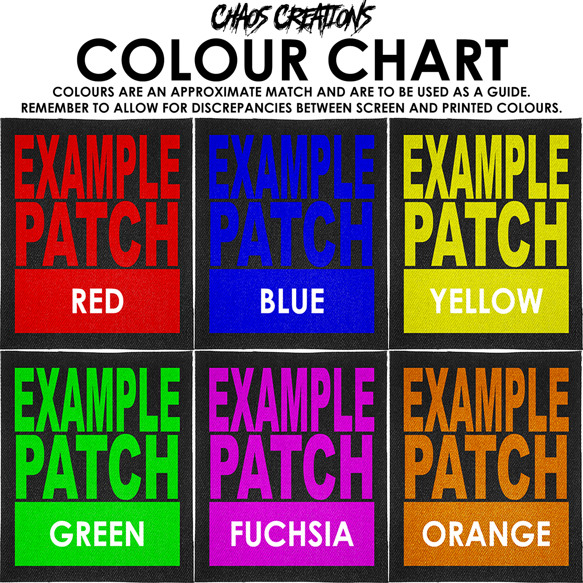 The image is a color chart that provides a guide for matching colors to screen and printed colors. It includes six different color examples, each labeled with a color name such as "RED", "BLUE", "YELLOW", "GREEN", "FUCHSIA", and "ORANGE". The colors are described as an approximate match and are to be used as a guide to allow for discreteness between screen and printed colors.