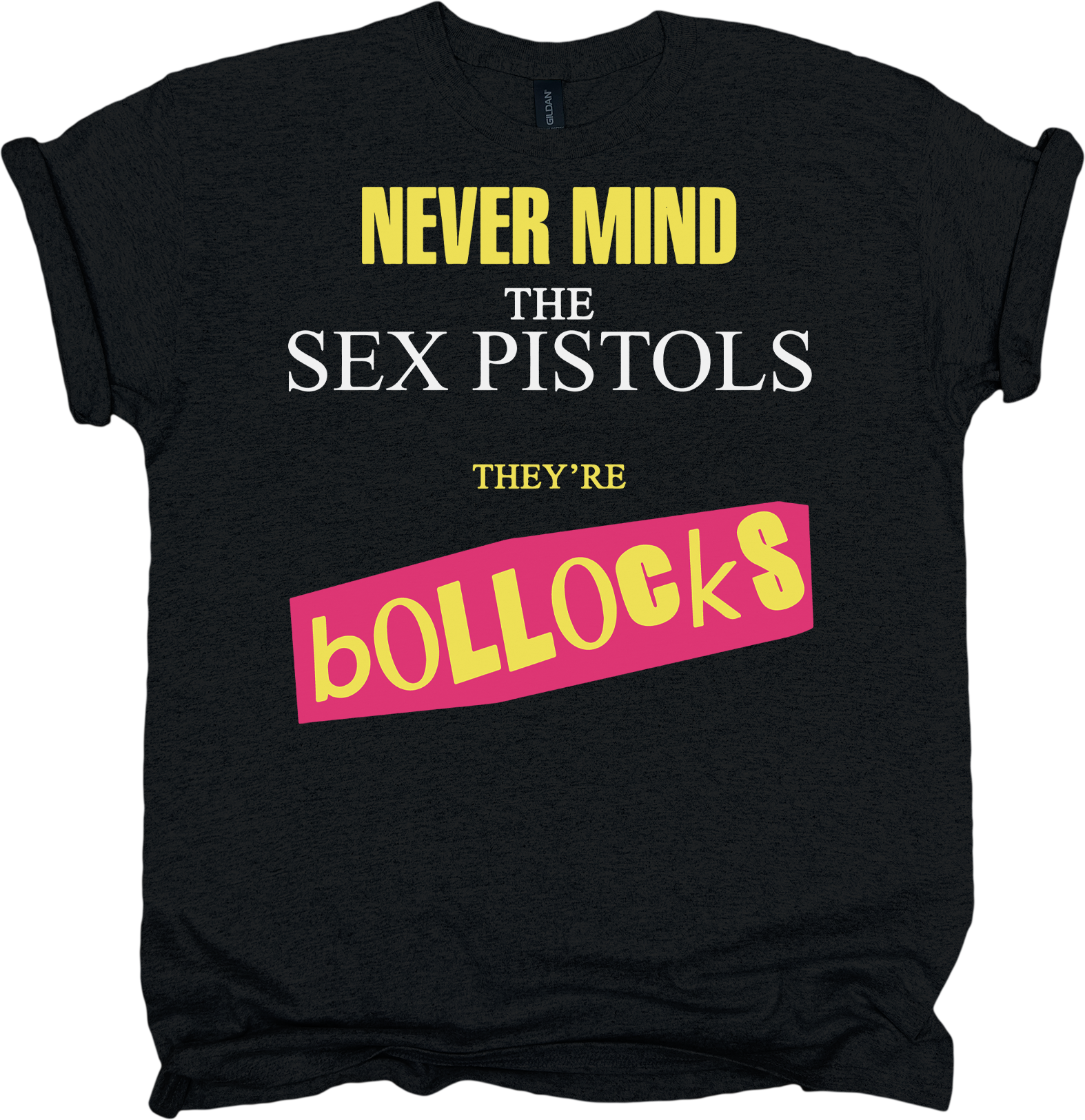 Black t-shirt with sex pistols graphic and yellow and white text 