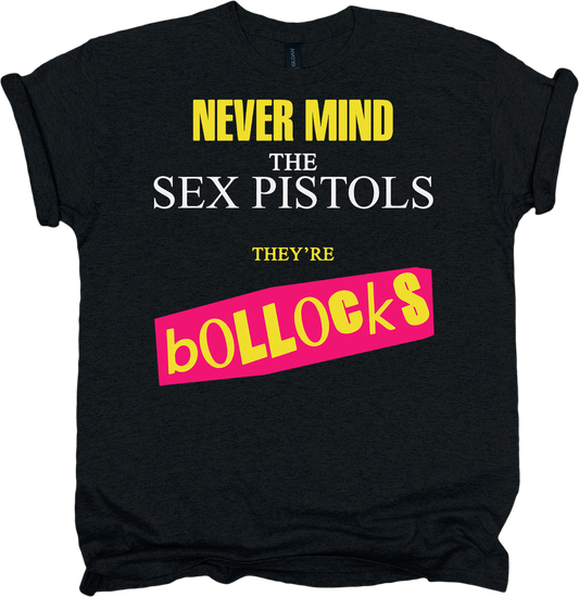 Black t-shirt with sex pistols graphic and yellow and white text 