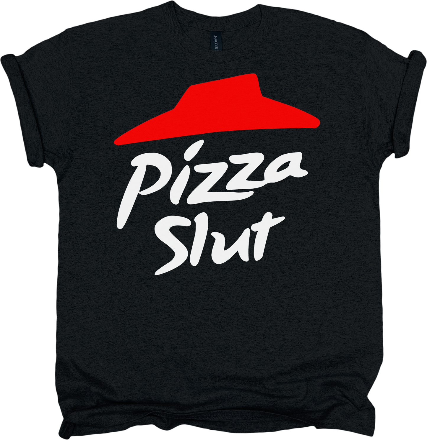 Black t-shirt with red roof graphic and 'Pizza Slut' text in white