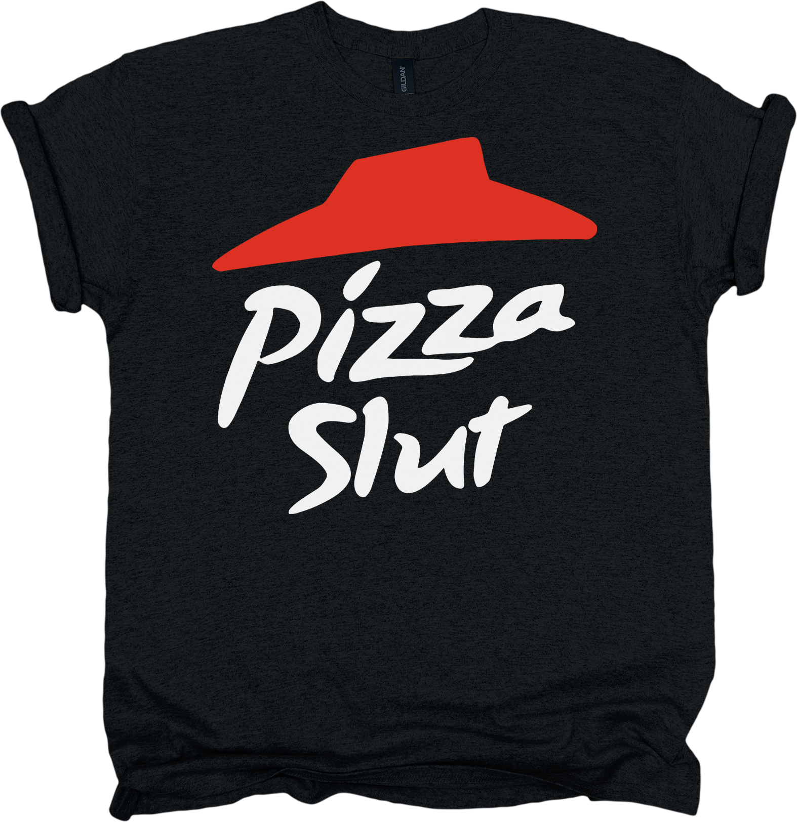 Black t-shirt with red roof graphic and 'Pizza Slut' text in white