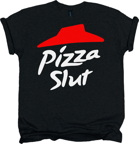Black t-shirt with red roof graphic and 'Pizza Slut' text in white