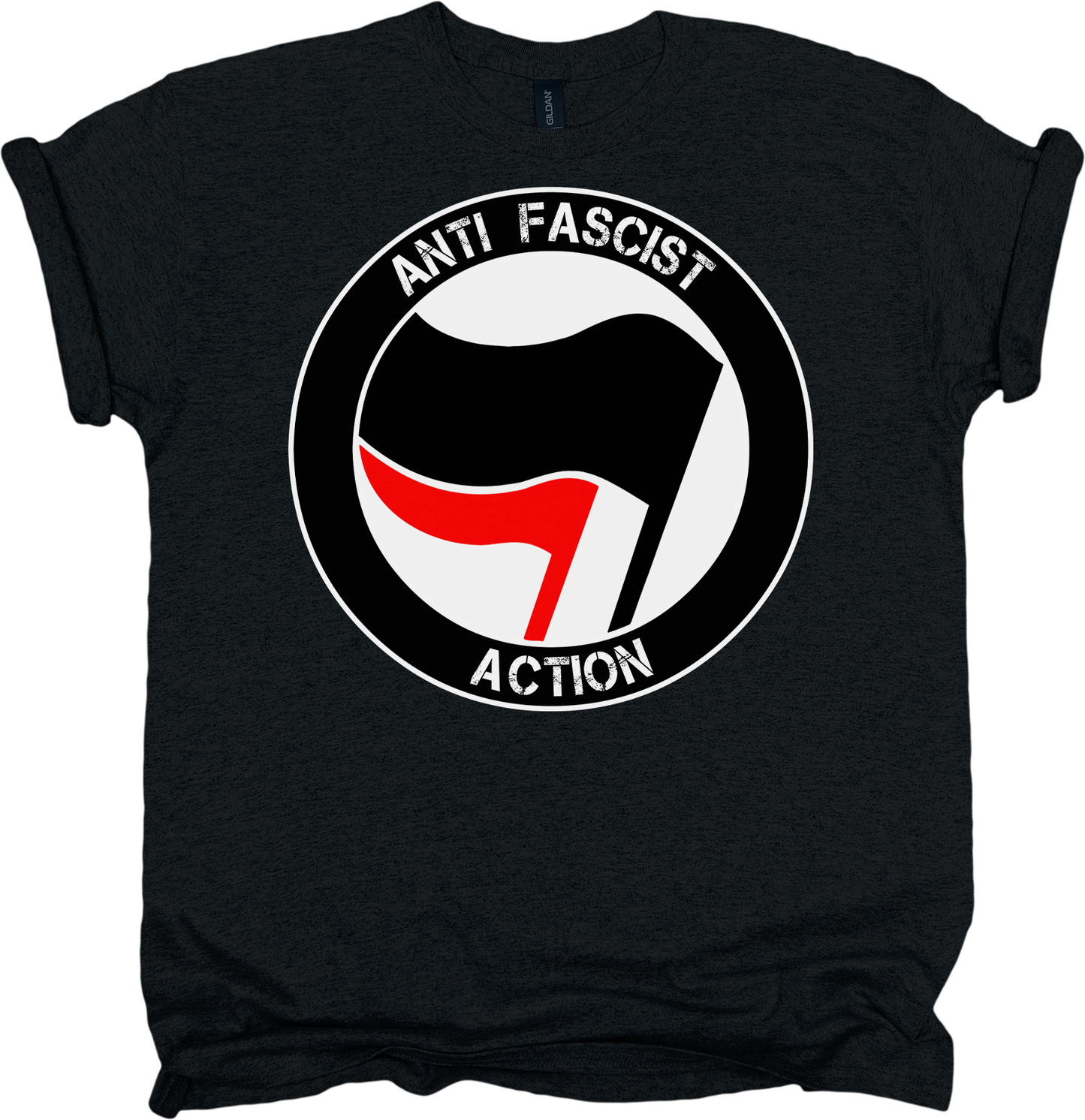 Black t-shirt with anti-fascist action graphic on a white background