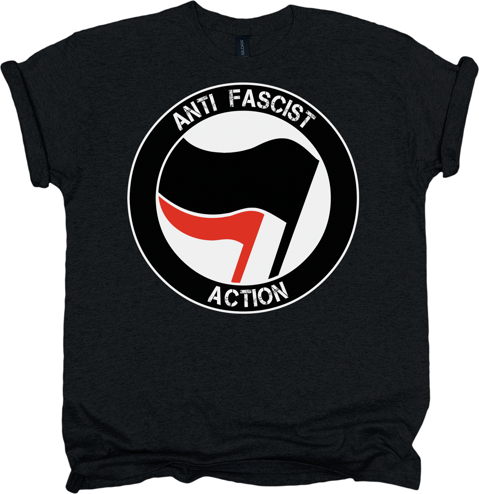 Black t-shirt with anti-fascist action graphic on a white background