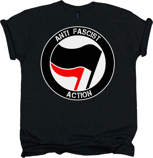 Black t-shirt with anti-fascist action graphic on a white background