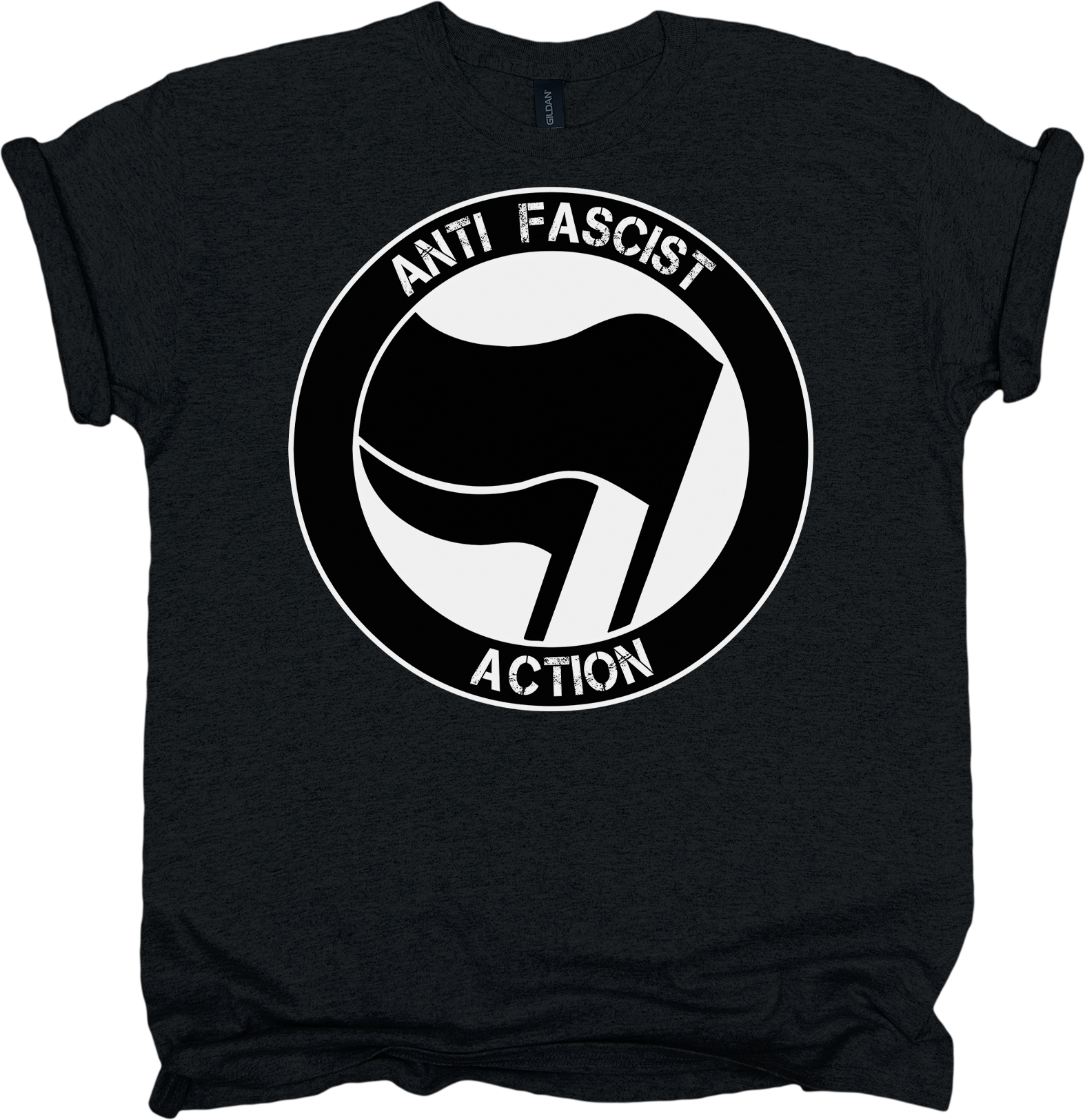 Black t-shirt with 'Anti-Fascist Action' graphic design on a white background