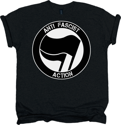 Black t-shirt with 'Anti-Fascist Action' graphic design on a white background