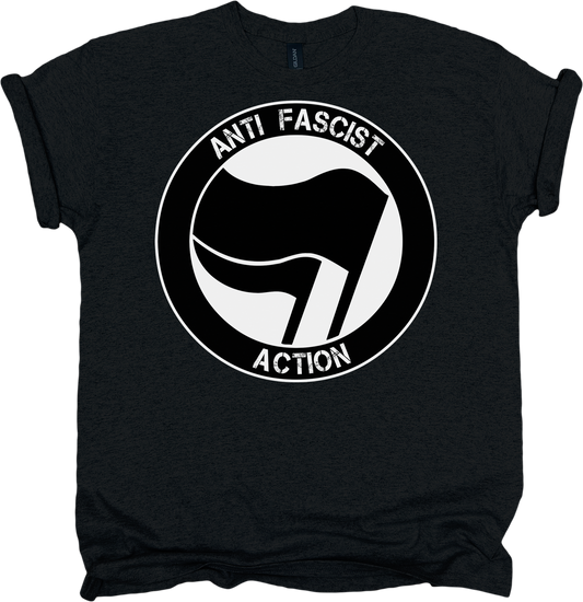 Black t-shirt with 'Anti-Fascist Action' graphic design on a white background