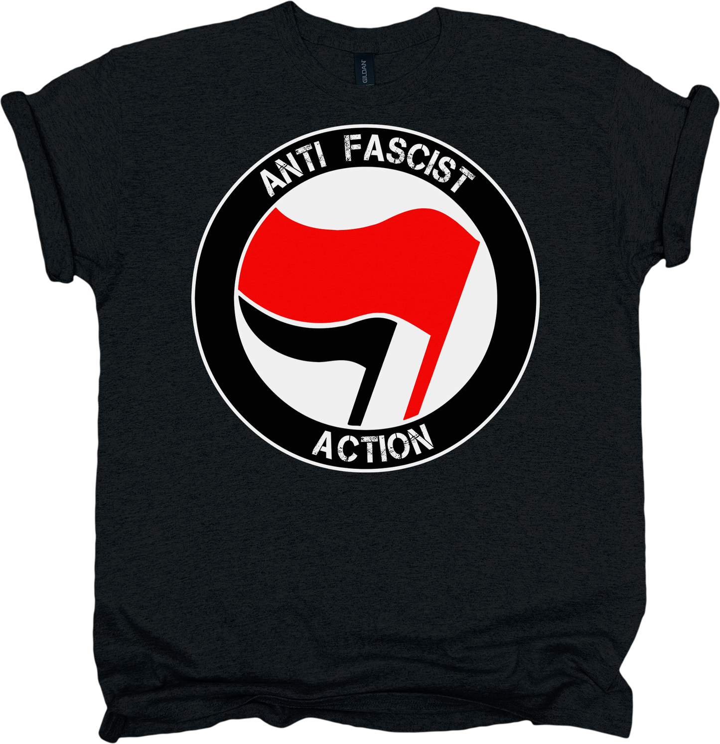 Black t-shirt with anti-fascist action logo featuring a red and black flag design.