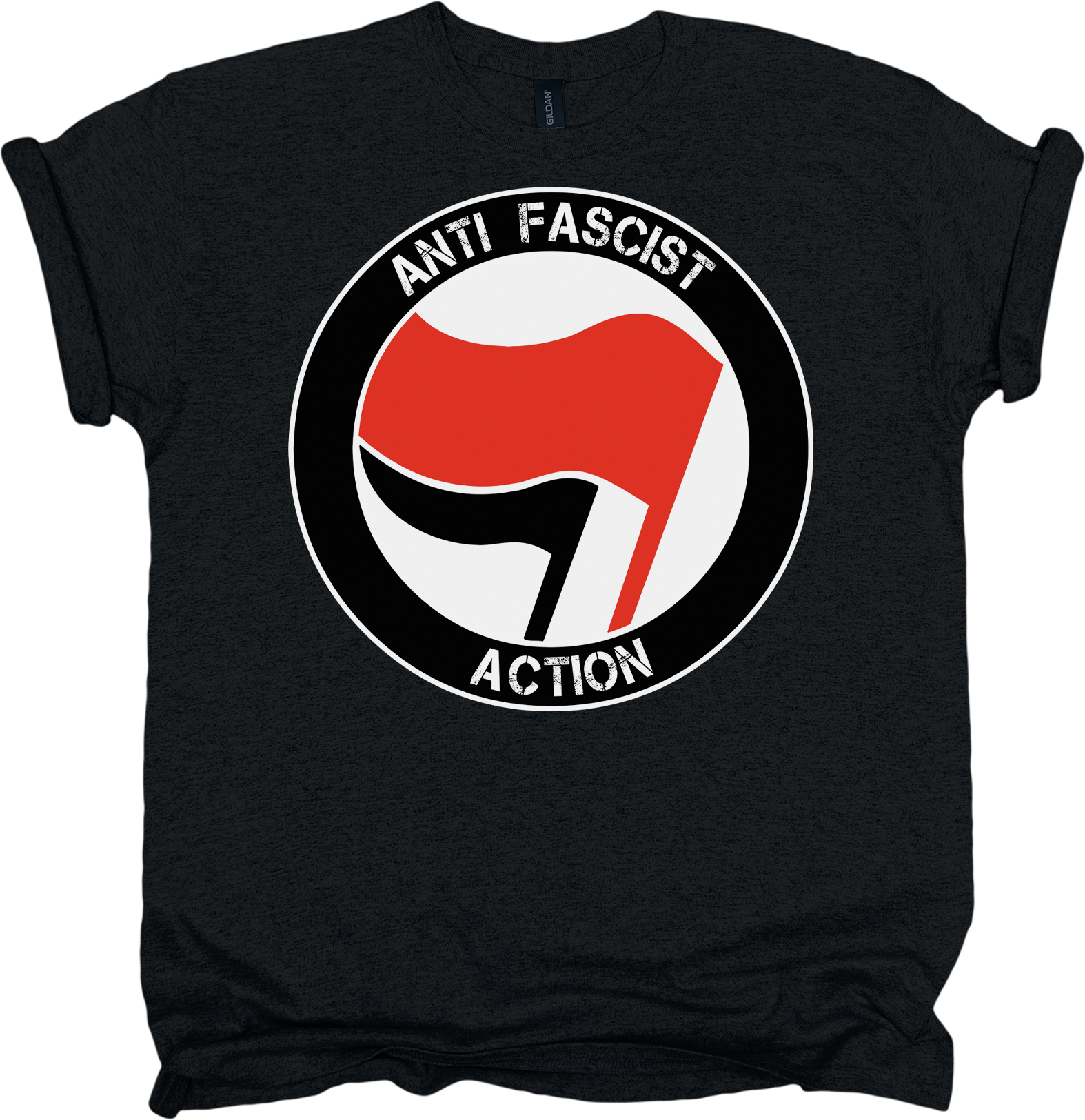 Black t-shirt with anti-fascist action logo featuring a red and black flag design.