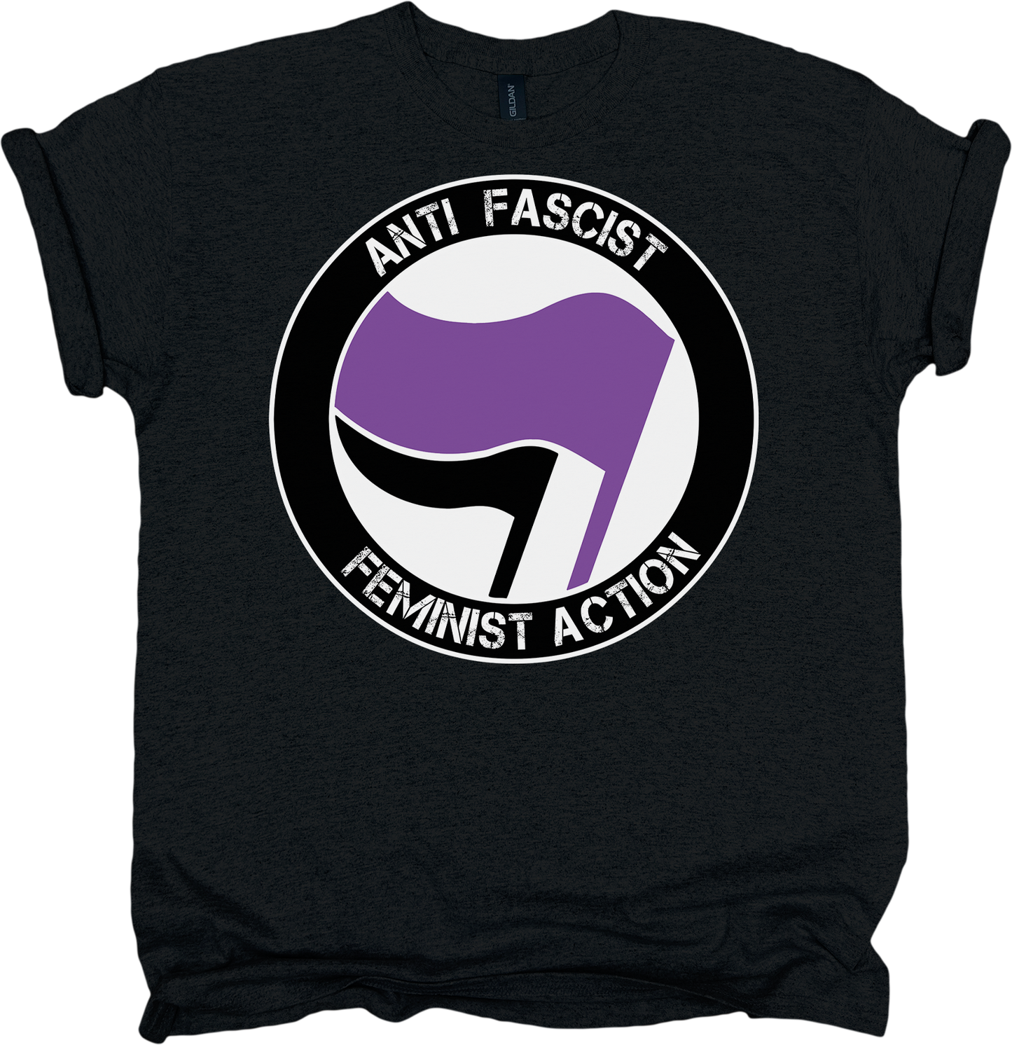 Black t-shirt with anti-fascist feminist action logo featuring a purple and white flag design.