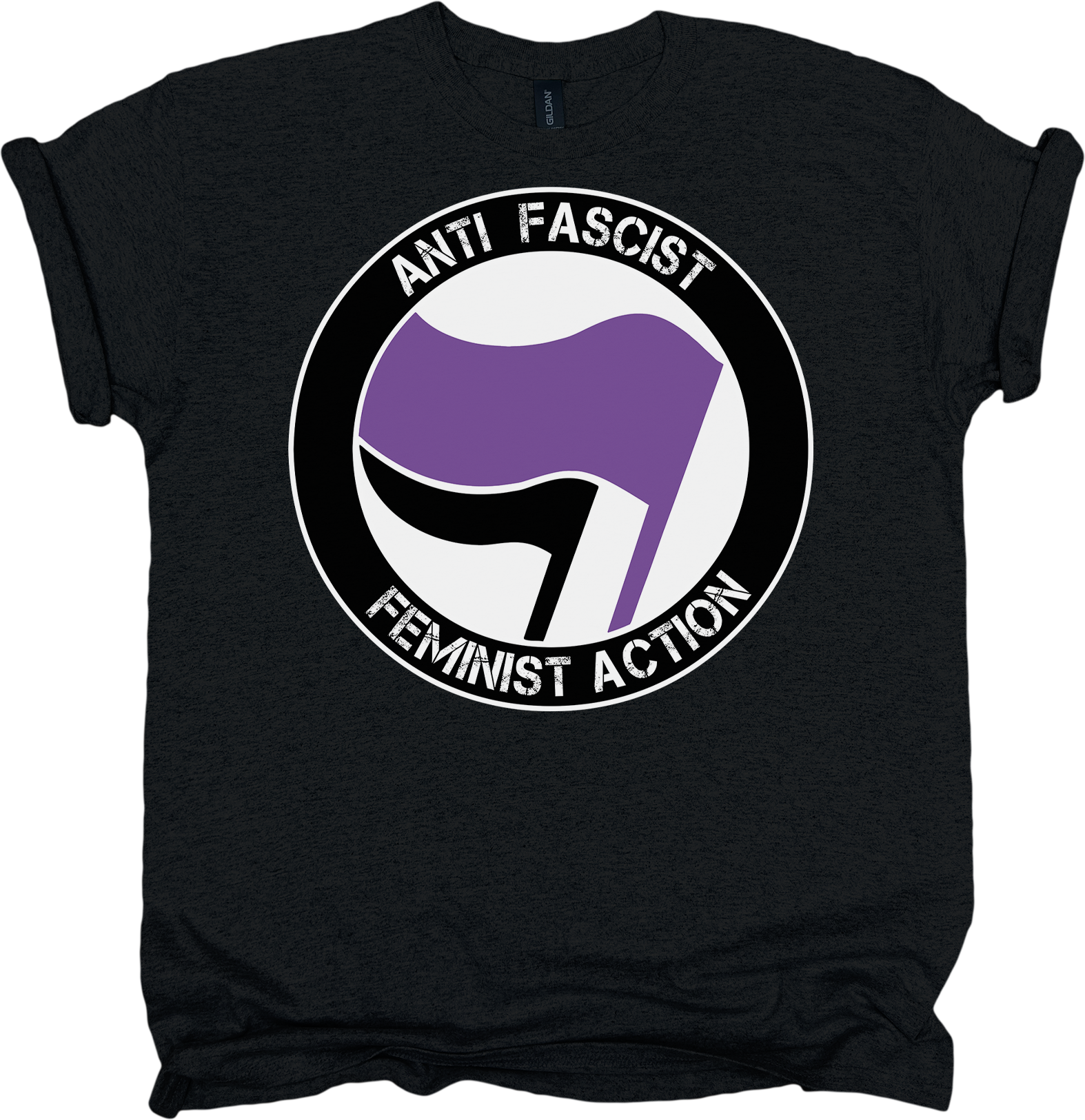Black t-shirt with anti-fascist feminist action logo featuring a purple and white flag design.