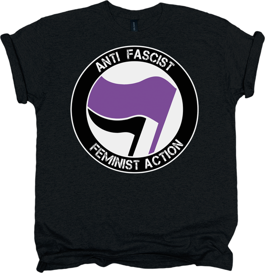 Black t-shirt with anti-fascist feminist action logo featuring a purple and white flag design.