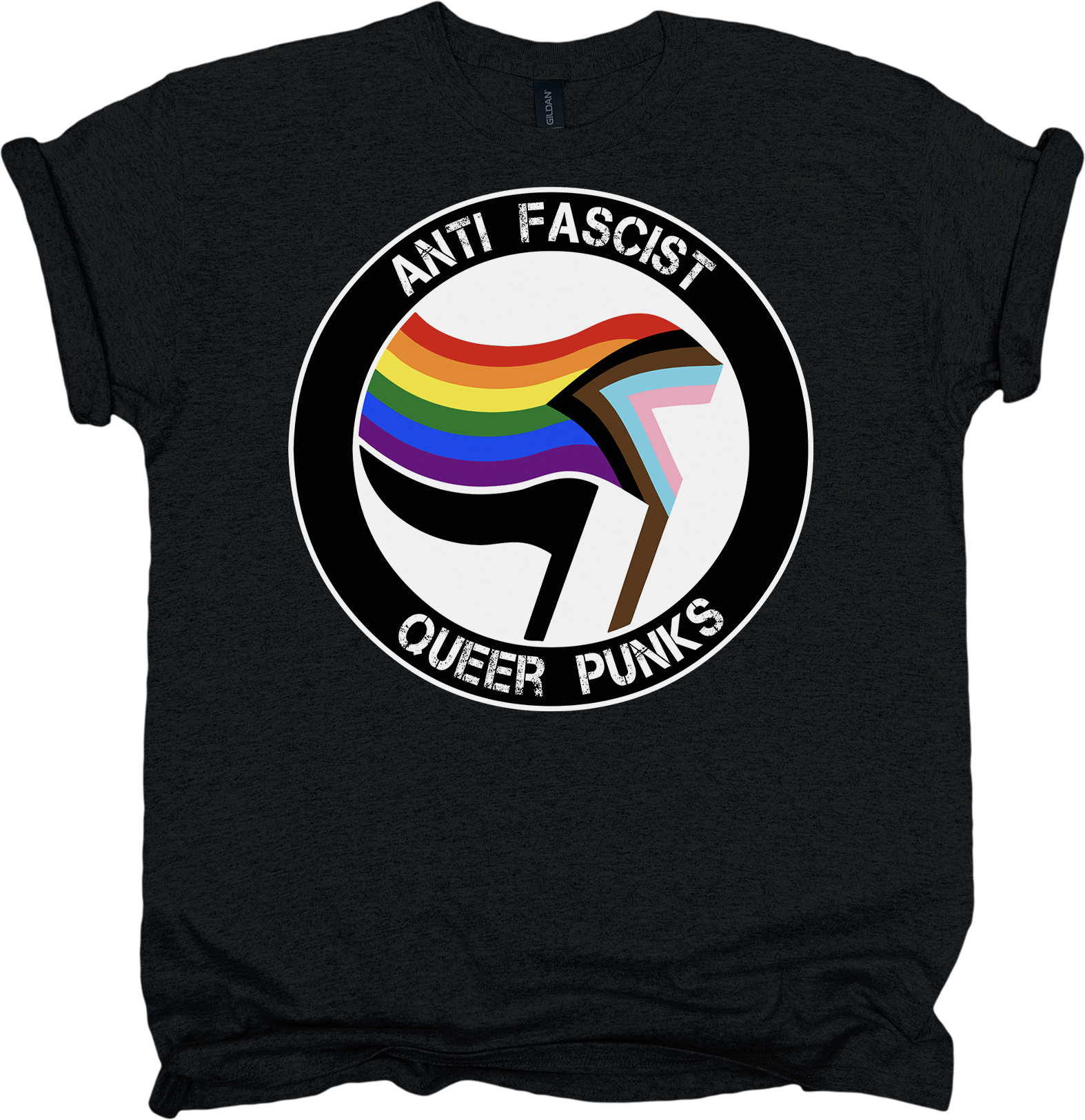 Black t-shirt with rainbow flag graphic and text 'Anti-Fascist Queer Punks' on a white background