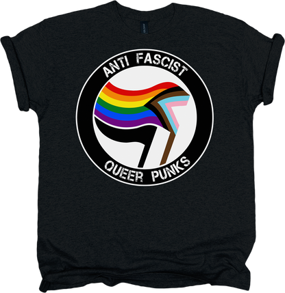 Black t-shirt with rainbow flag graphic and text 'Anti-Fascist Queer Punks' on a white background