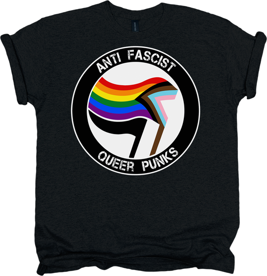 Black t-shirt with rainbow flag graphic and text 'Anti-Fascist Queer Punks' on a white background
