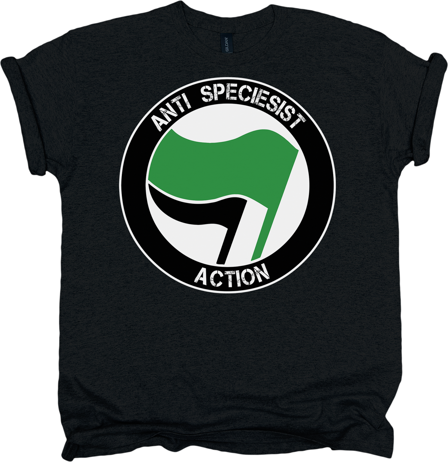 Black t-shirt with 'Anti Speciesist Action' graphic design on a white background