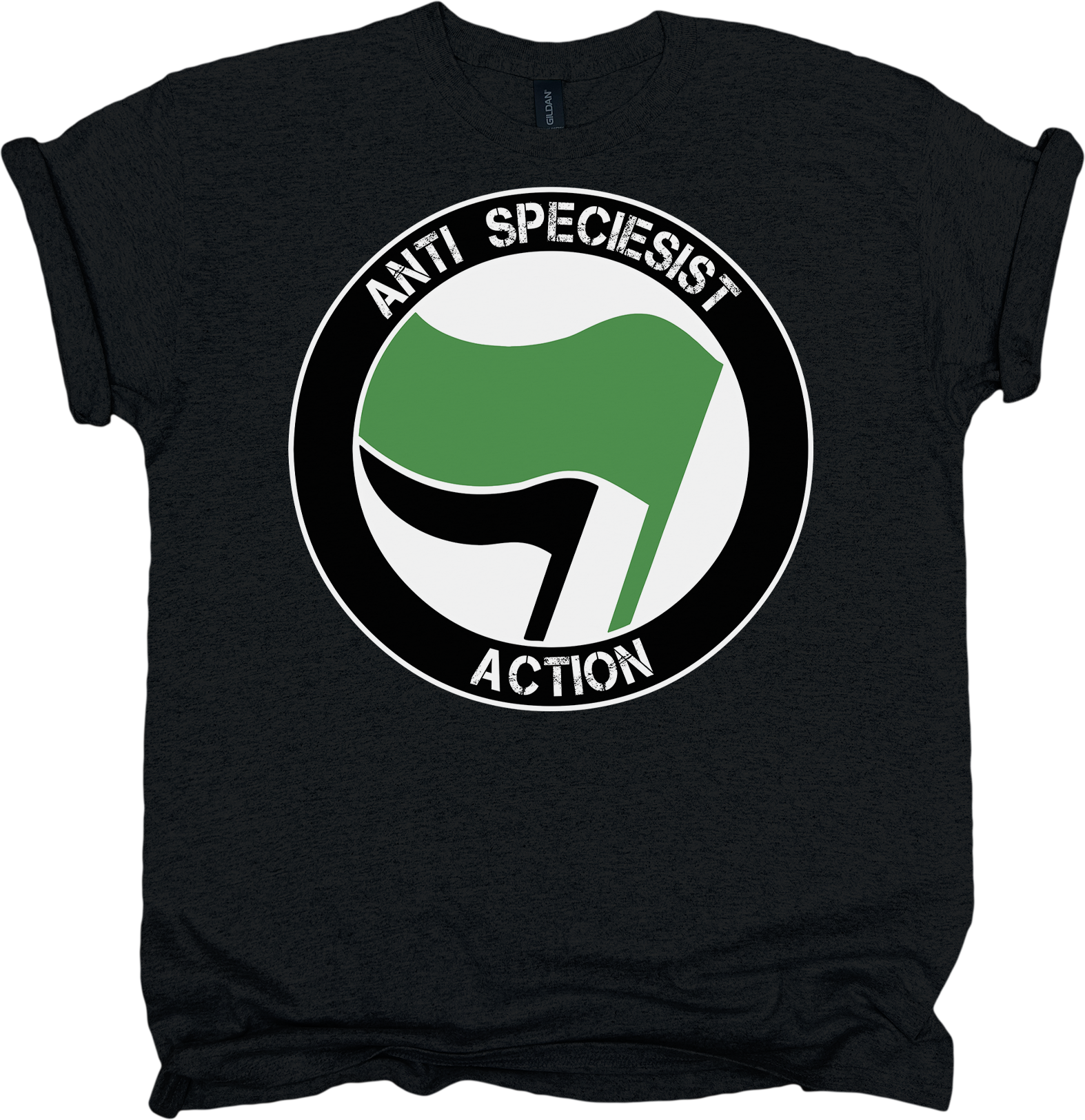 Black t-shirt with 'Anti Speciesist Action' graphic design on a white background