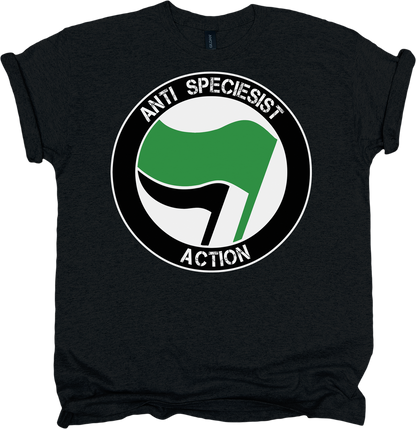 Black t-shirt with 'Anti Speciesist Action' graphic design on a white background