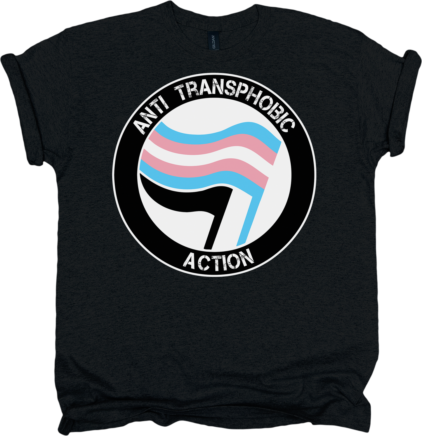 Black t-shirt with anti-transphobic action design featuring a trans pride flag.