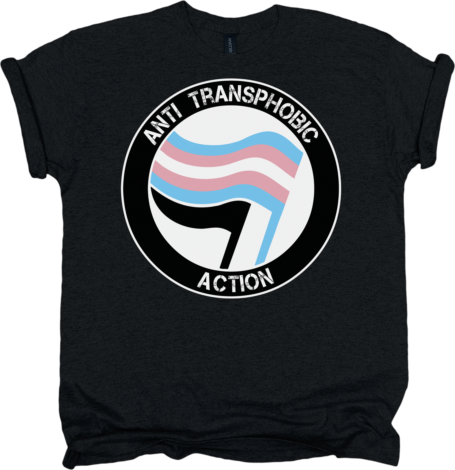 Black t-shirt with anti-transphobic action design featuring a trans pride flag.